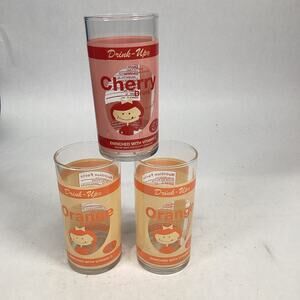 Vintage Lot Of 3 - Drink-Up Cherry And Orange Drinking Glasses